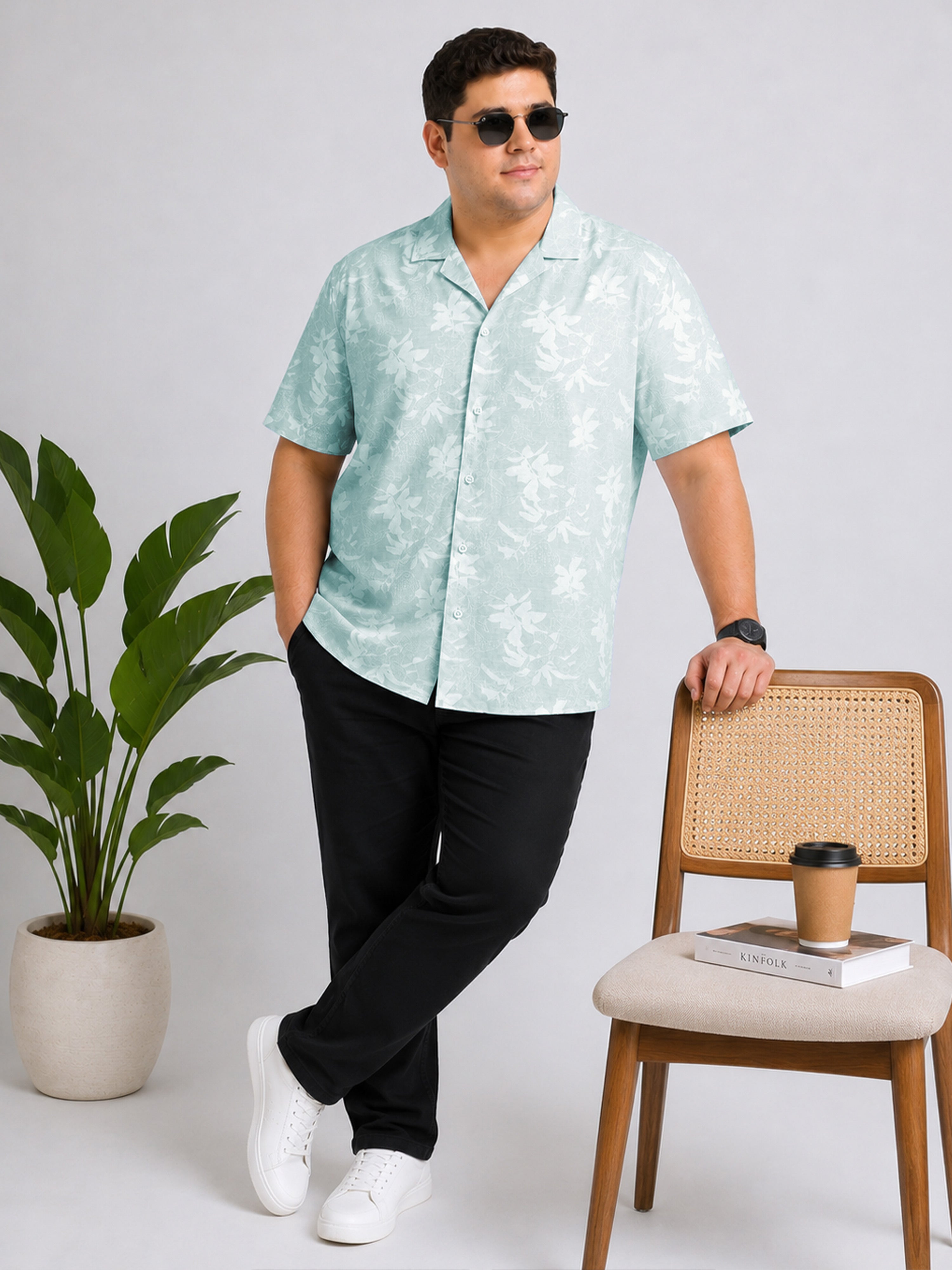 Green Floral Printed Cubban Collar Shirt