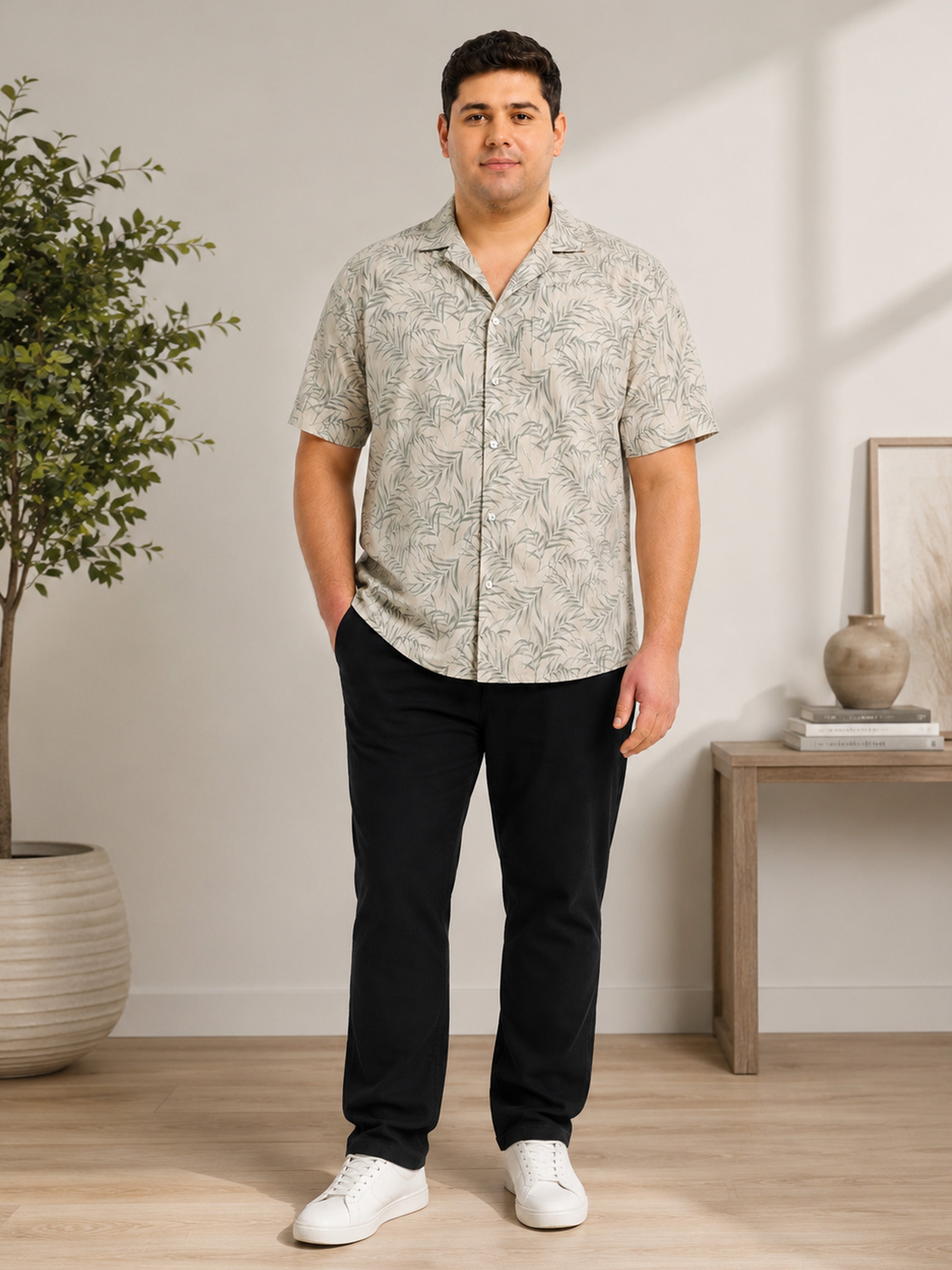 Biege Printed Cubban Collar Shirt