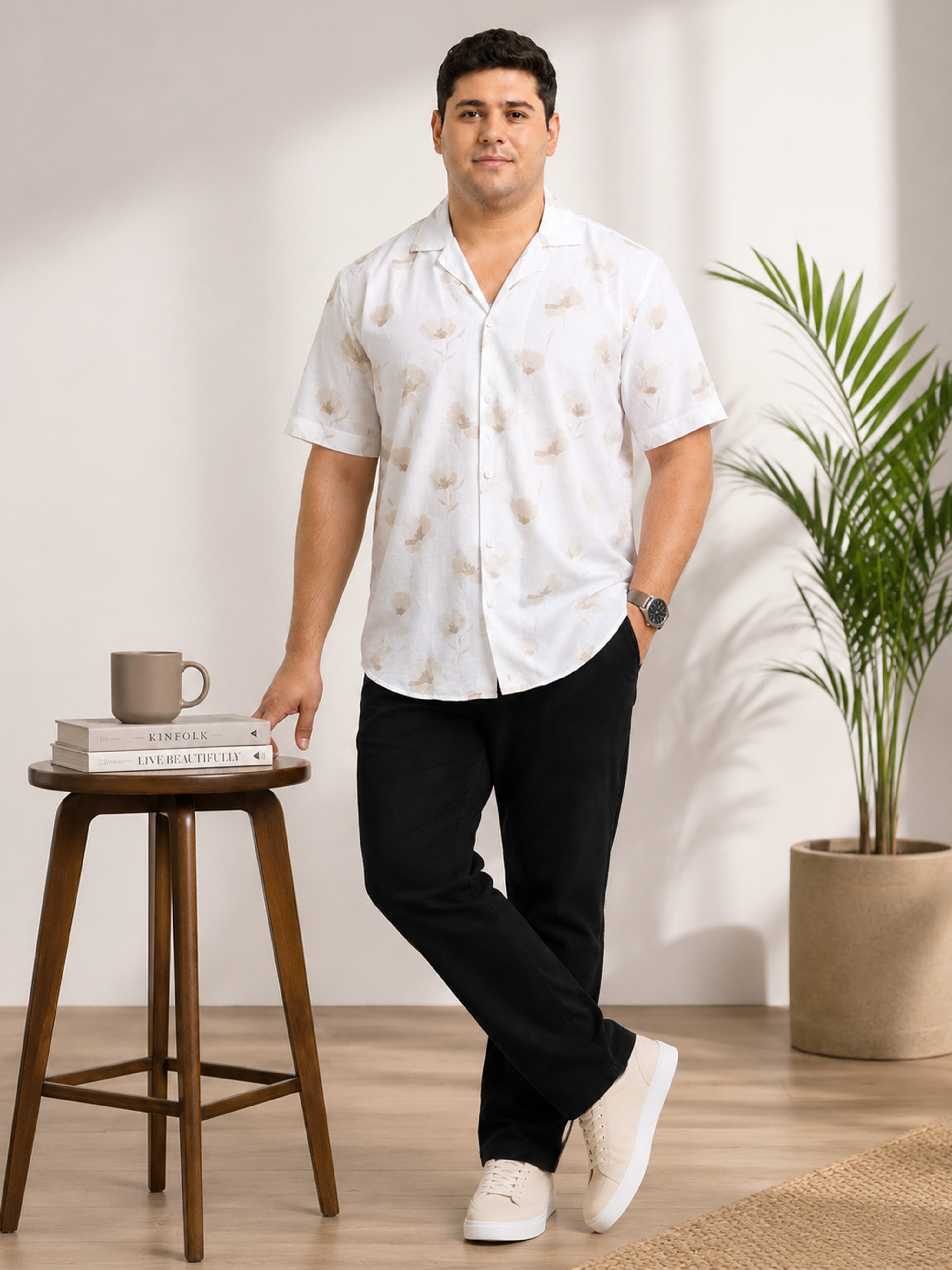 White Floral Printed Cubban Collar Shirt