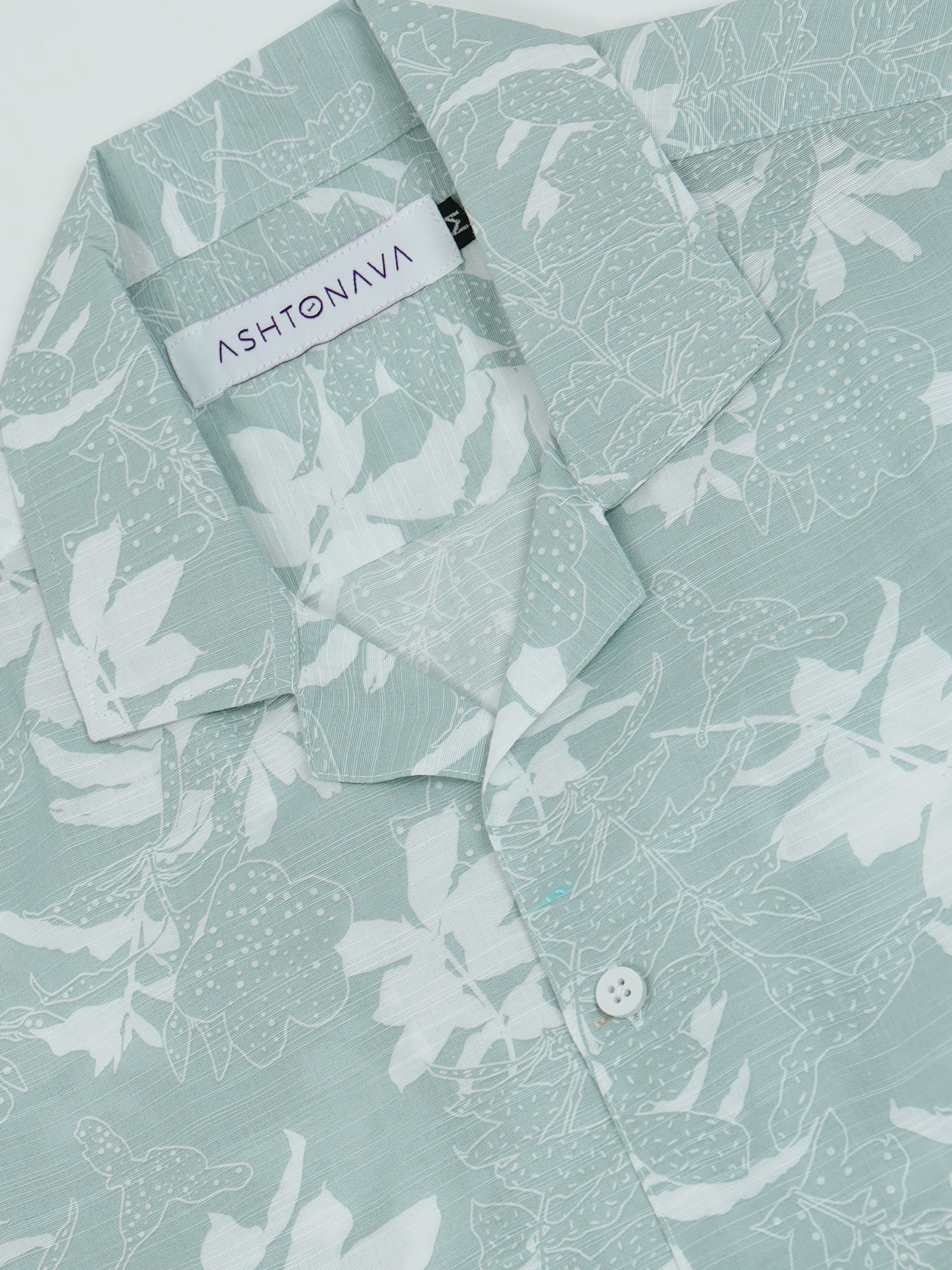 Green Floral Printed Cubban Collar Shirt