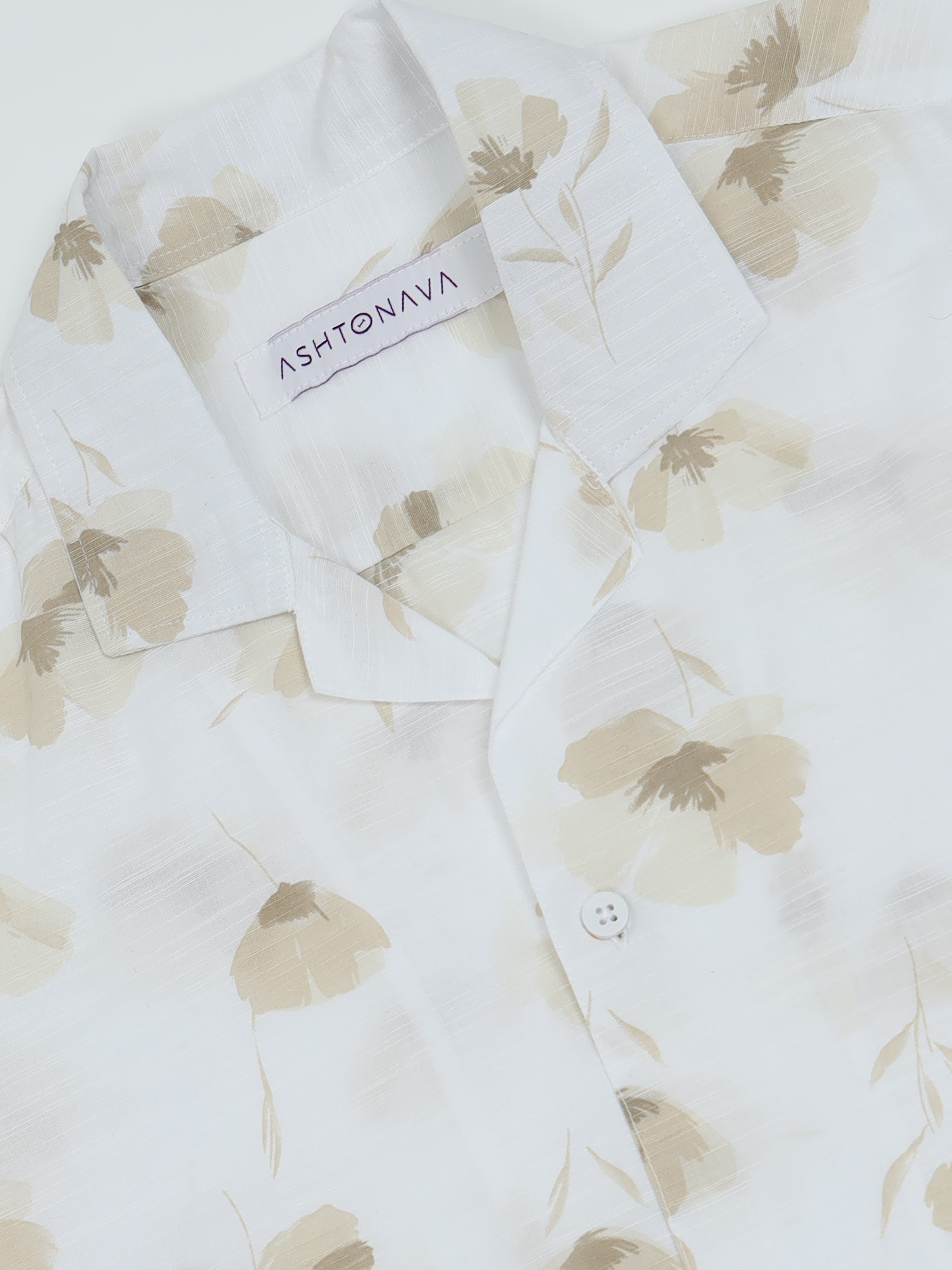 White Floral Printed Cubban Collar Shirt