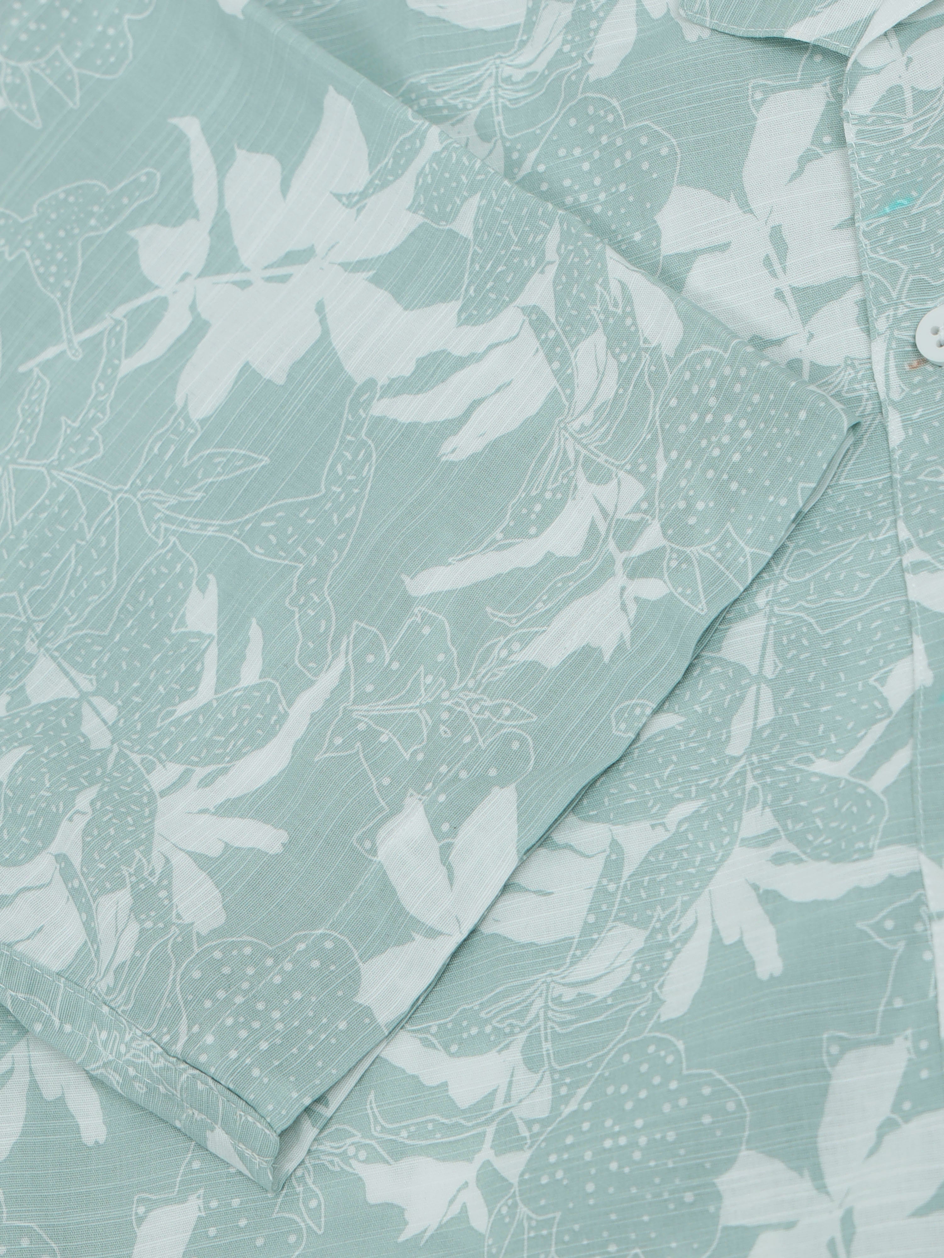 Green Floral Printed Cubban Collar Shirt