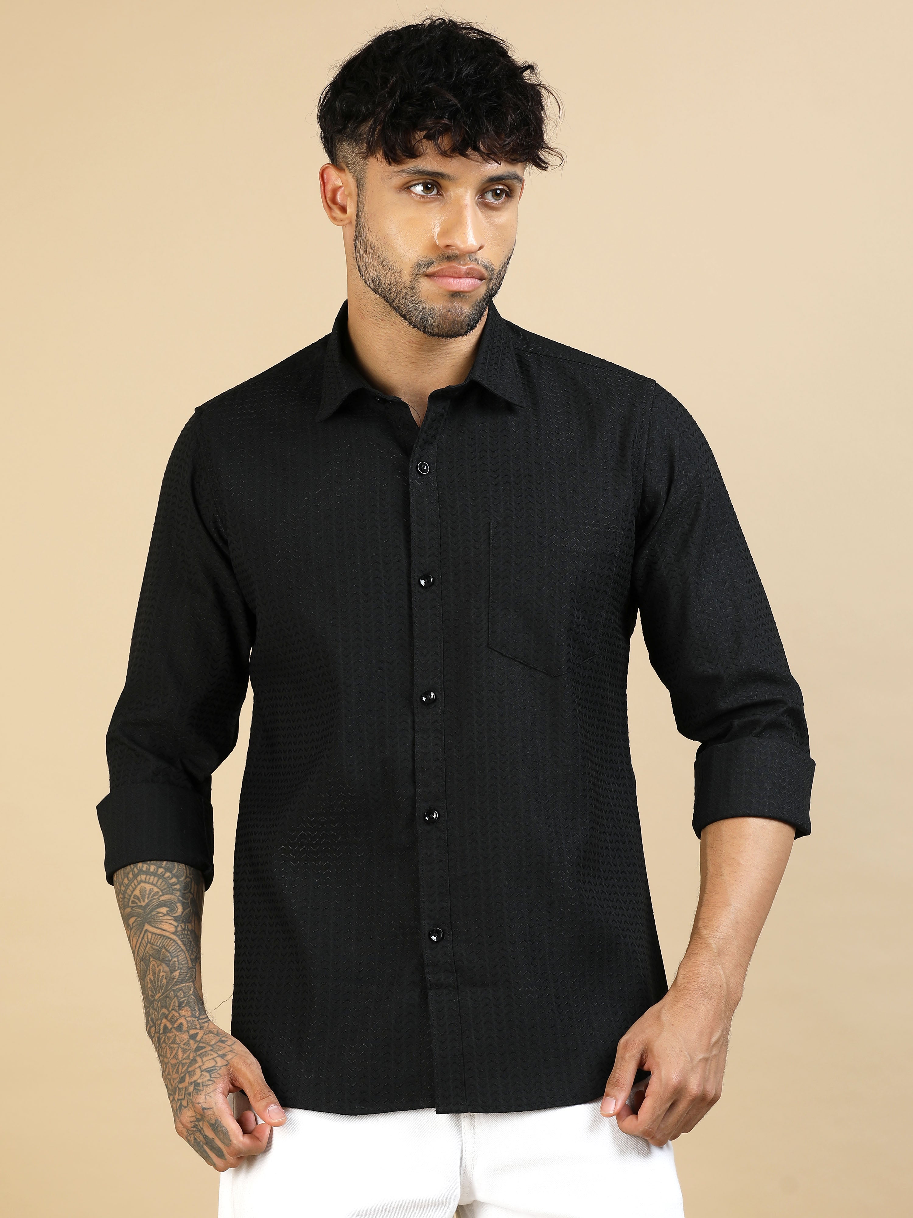 Midnight Black Waffle Textured Shirt